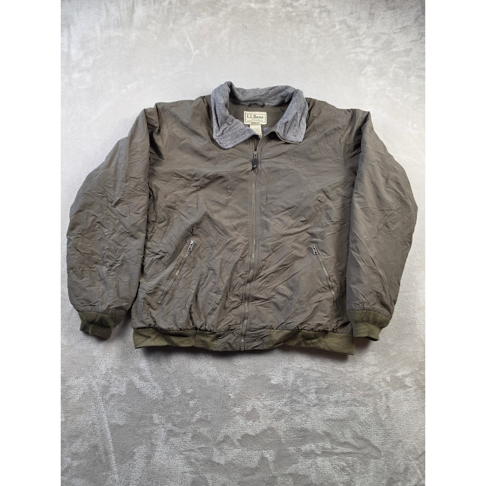 LL Bean Warm-Up Jacket Mens XL Tall Green Brown Fleece Lined Nylon Zip Bomber
